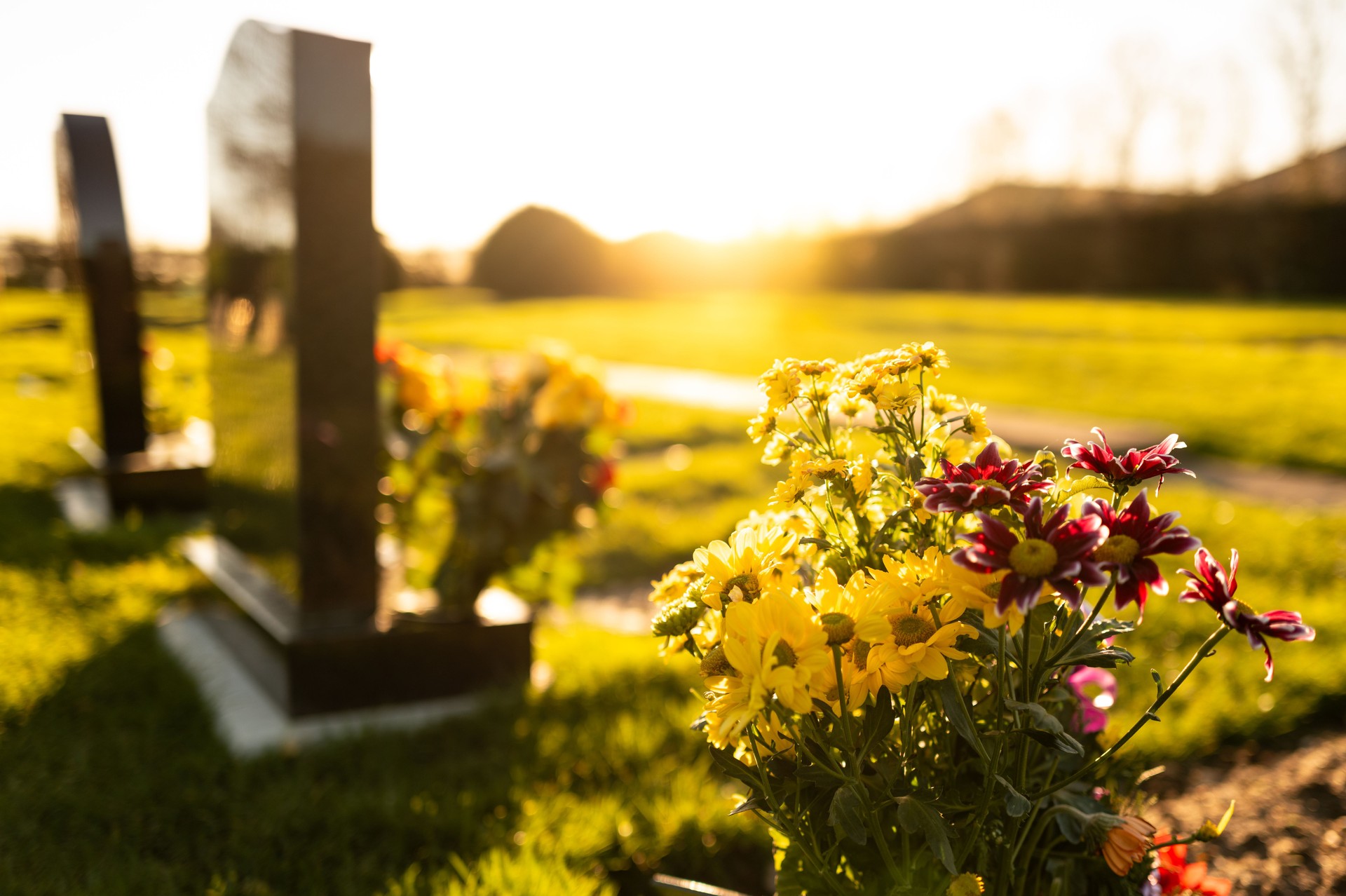 Dusk at a winter's English cemetery seen with in-focus flowers in a burial plot.